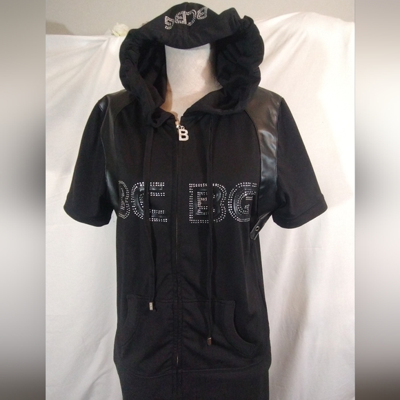 BCBGMaxAzria Tops - BCBG Hoodie +Black, Silver Bling & logo, ZipUp, B medallion, leather Looking,XL